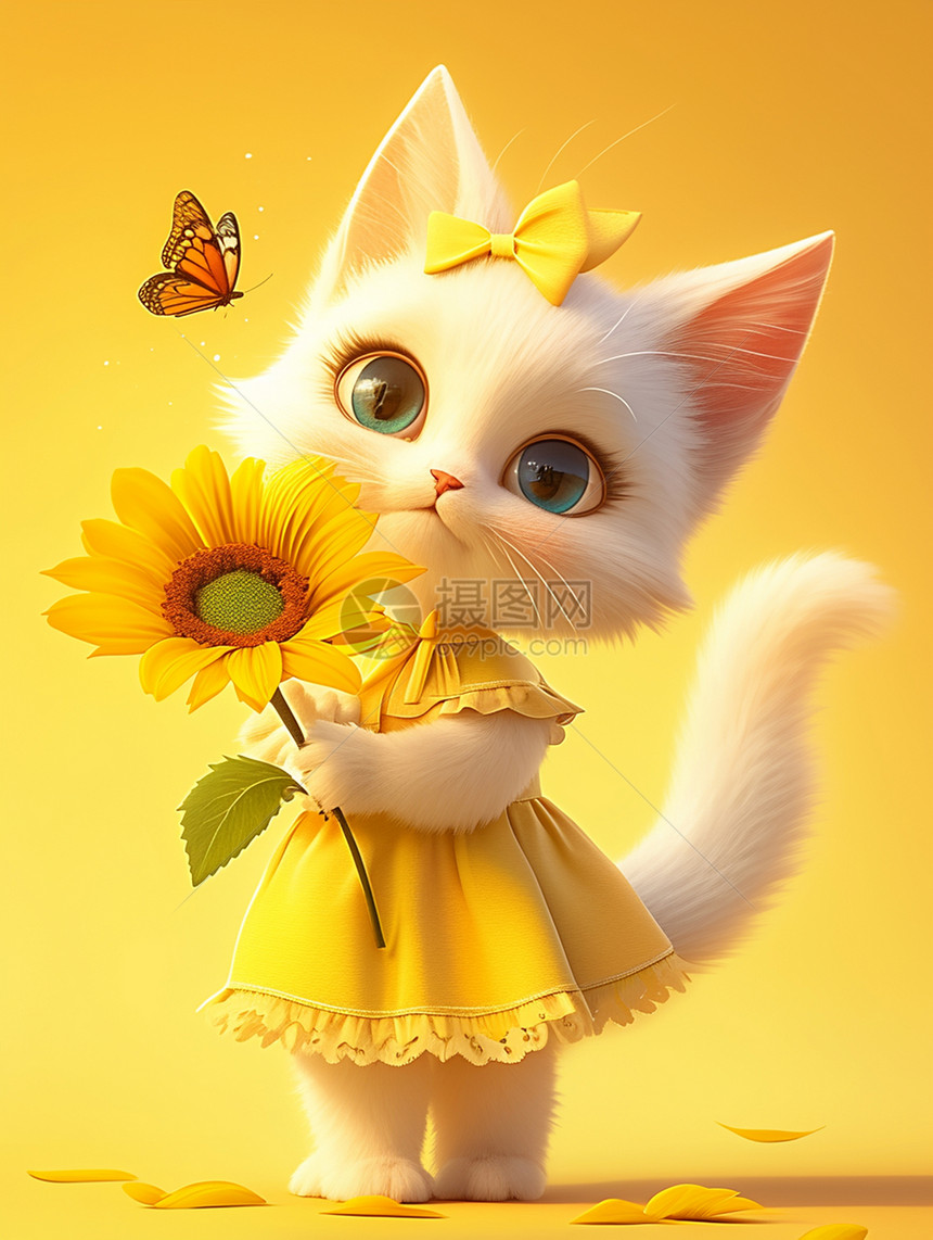 身穿黄色连衣裙拿太阳花的卡通小猫图片