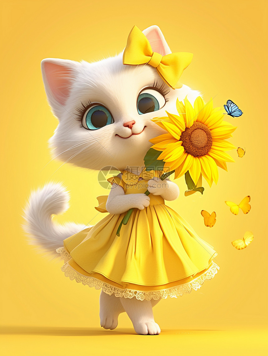 穿黄色连衣裙拿太阳花的卡通小猫图片