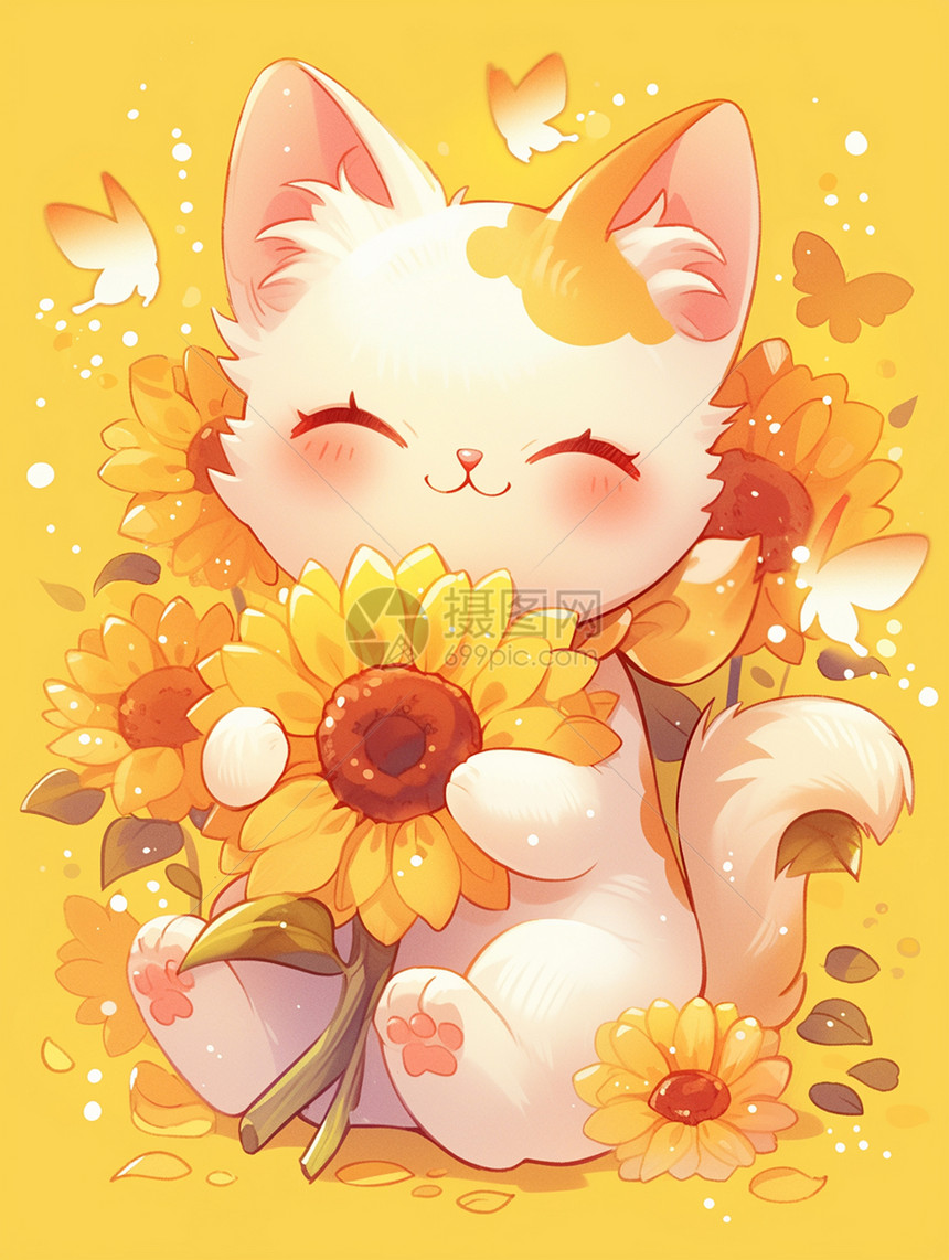 抱着黄色太阳花微笑的可爱卡通小花猫图片