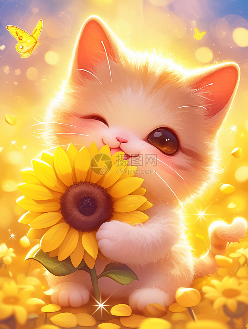 怀抱着黄色太阳花微笑的可爱卡通小花猫图片