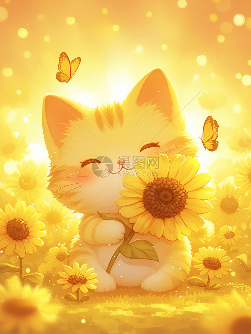 怀抱着黄色太阳花的可爱卡通小花猫图片