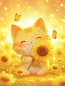 黄色向日葵花朵怀抱着黄色太阳花的可爱卡通小花猫插画