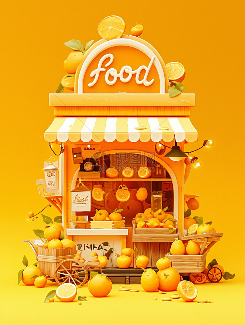 橙色可爱的卡通水果店图片