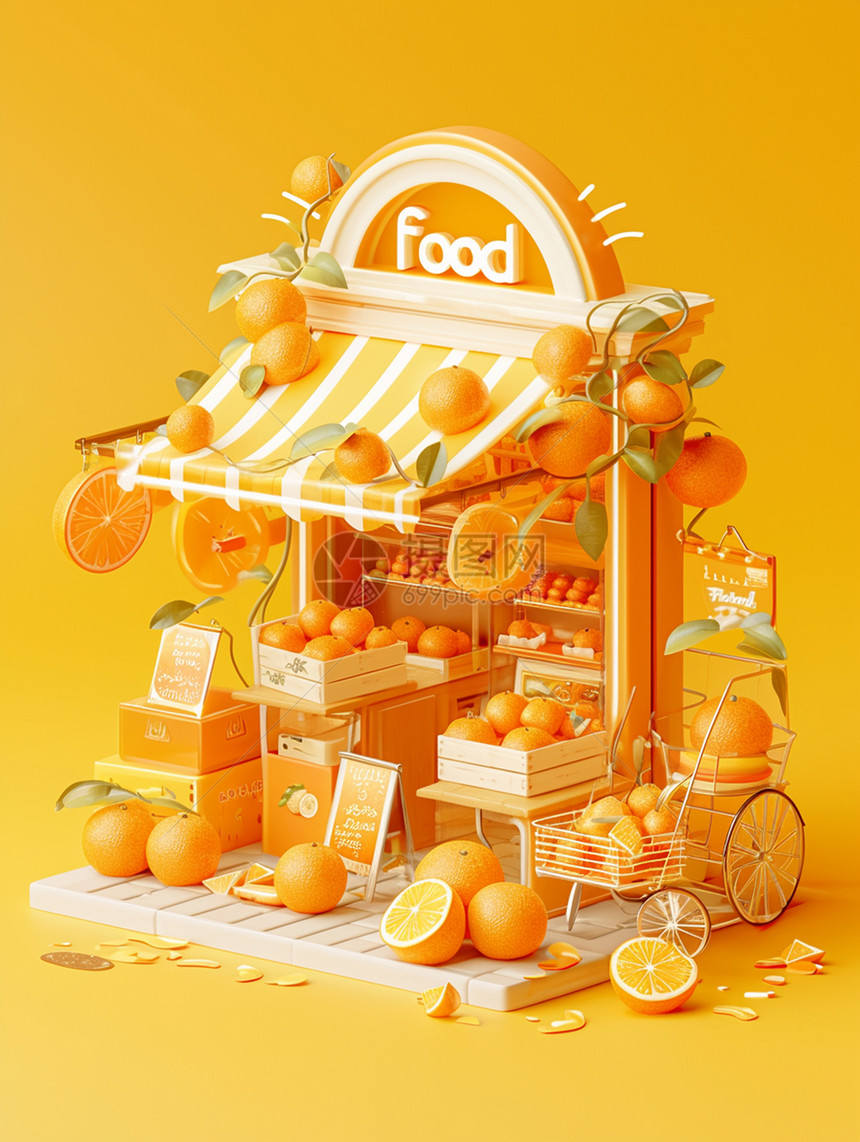 橙色的卡通水果店图片