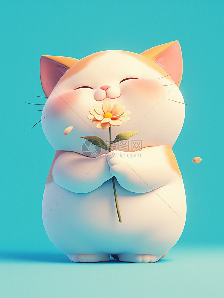 拿一朵小花的微笑的卡通小猫图片