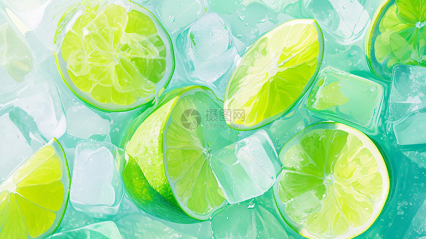 冰块中青绿色卡通切片柠檬图片