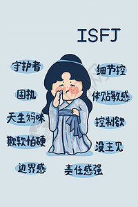 MBTI手绘卡通线描16型人格ISFJ表演者蓝色性格古风竖图背景图片
