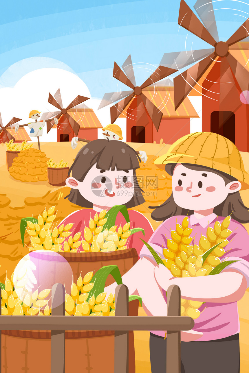 传统节日节气二十四节气芒种小满麦子主题扁平风治愈风竖版插画图片