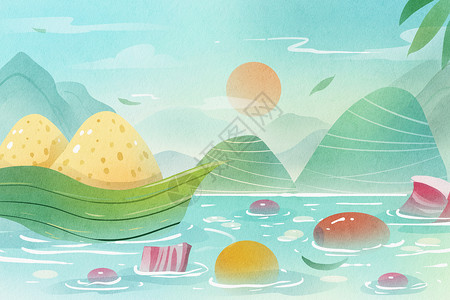 新鲜水果食材手绘水彩端午粽子山与湖水食材小清新治愈系插画