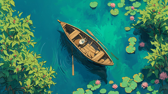 碧绿色的卡通湖泊中一艘小木船高清图片