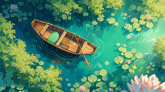 建模小船碧绿色的卡通湖泊中一艘木船插画