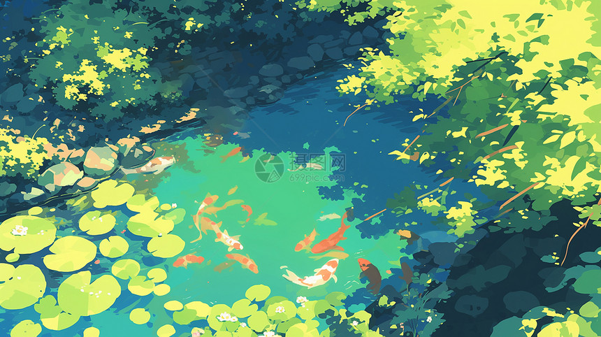 碧绿色荷塘中悠闲的游着几只卡通锦鲤图片