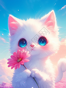 抱一朵粉色小花的可爱卡通白色猫背景图片