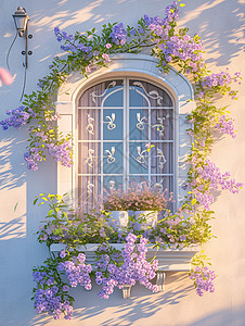 紫色窗户边框复古风卡通窗子周围有很多浪漫的卡通花朵插画