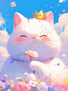 白猫手头上戴小皇冠手捧着花朵微笑的卡通大白猫插画