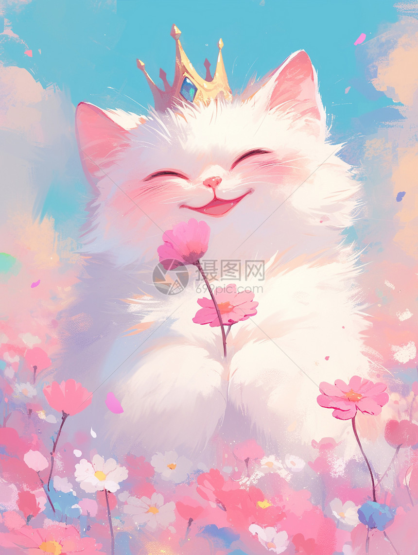戴着小皇冠手捧着花朵微笑的卡通大白猫图片