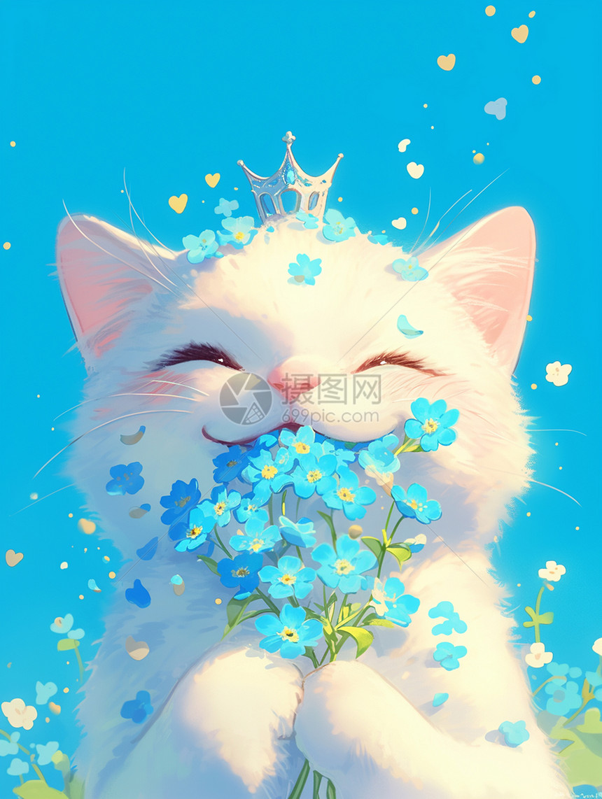 捧着蓝色花束头戴皇冠的卡通白猫图片