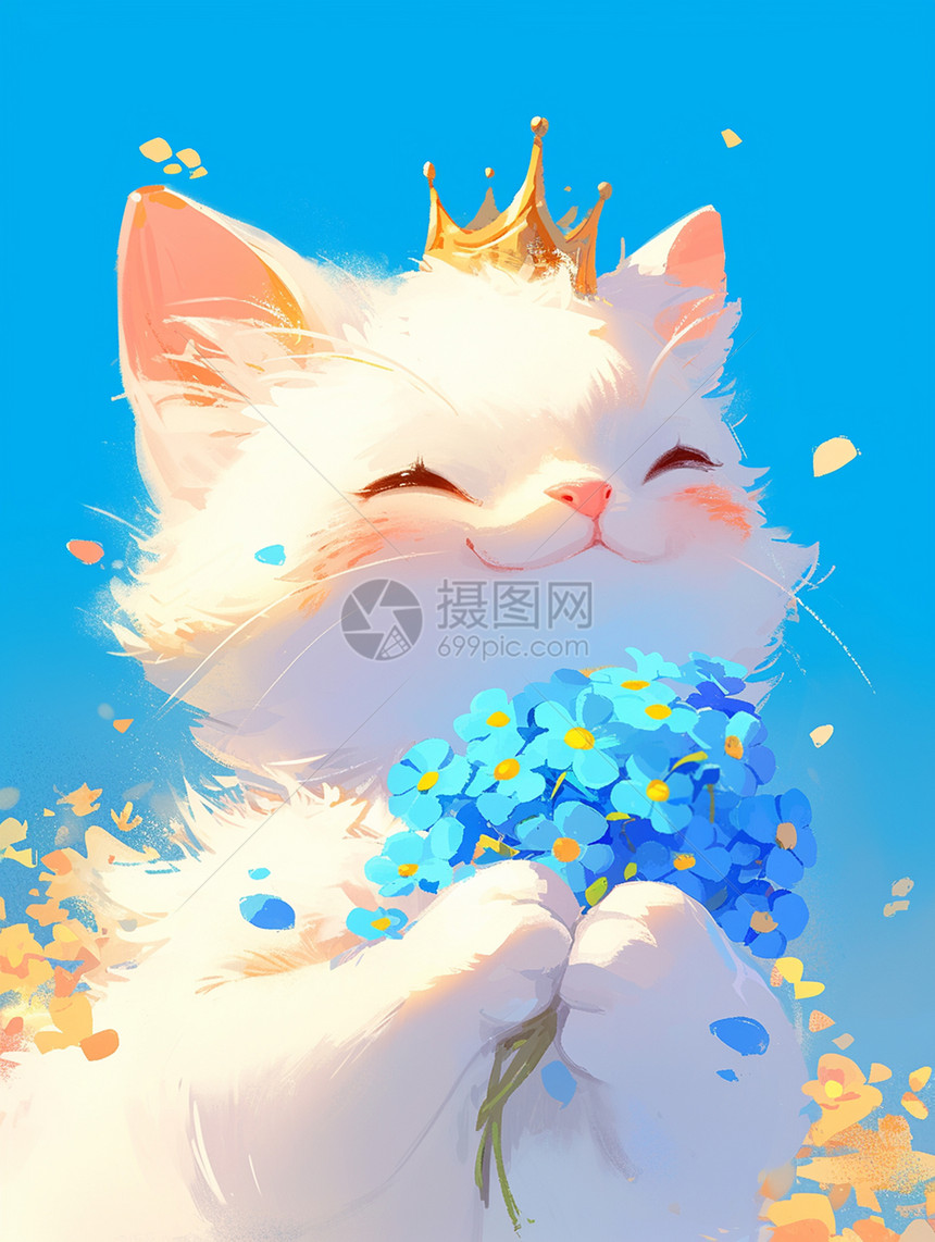 捧着蓝色花束戴皇冠的卡通白猫图片