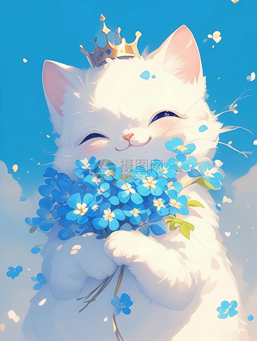 捧着蓝色花束头戴皇冠的卡通猫图片