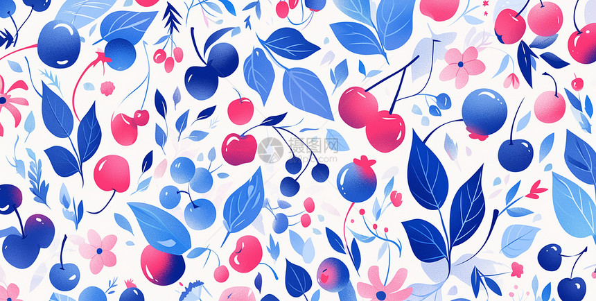 红蓝清新樱桃水果卡通背景图片