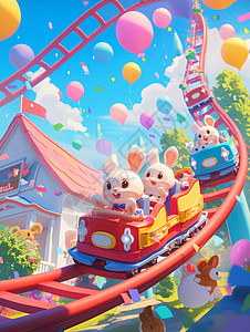 游乐场玩碰碰车在游乐园一起玩过山车的卡通小白兔插画