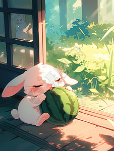 一只慵懒的卡通小兔子在啃着西瓜睡觉高清图片
