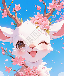 桃花笑满头粉色花朵开心笑的卡通小鹿插画