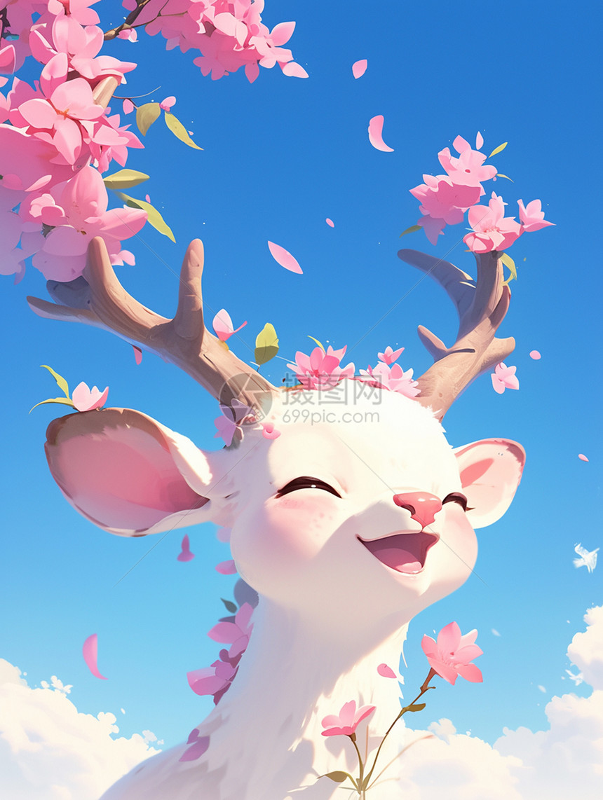 粉色花朵开心笑的卡通小鹿图片