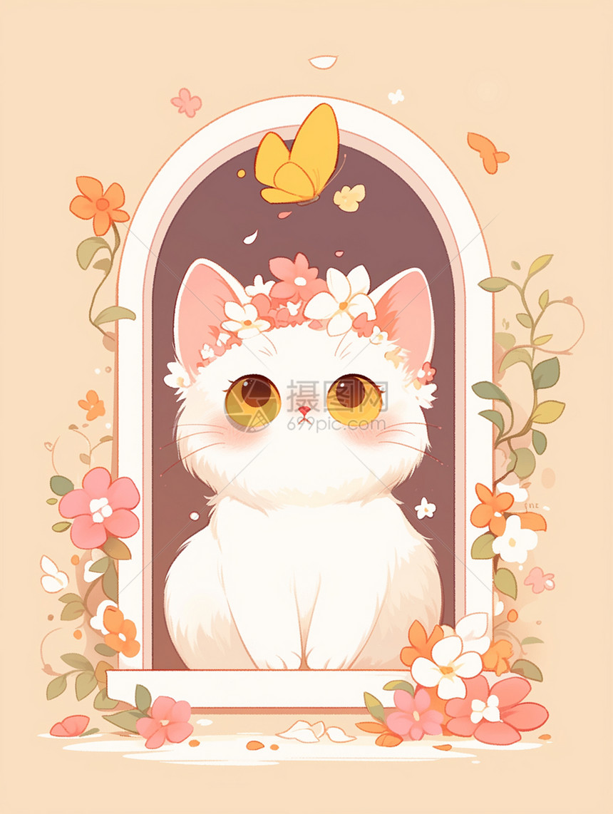 一只在窗边漂亮的卡通小猫头上戴着花环图片
