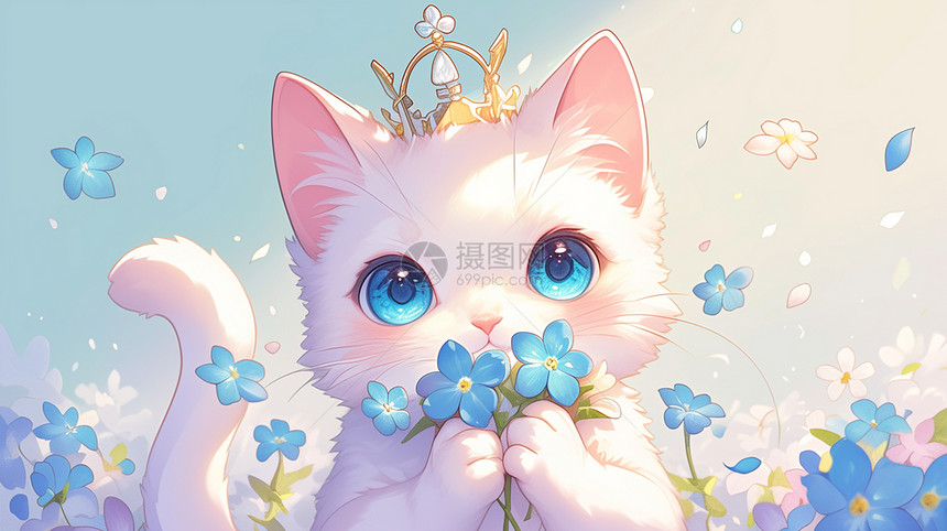 蓝色眼睛漂亮的卡通公主猫头上戴着皇冠图片