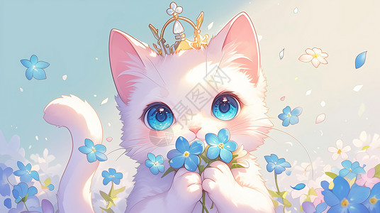 大眼睛亮晶晶蓝色眼睛漂亮的卡通公主猫头上戴着皇冠插画
