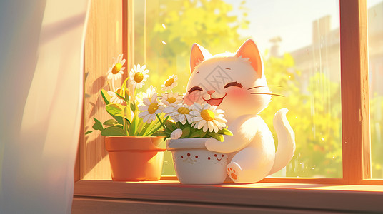 在窗户边抱着一个盆栽开心笑的卡通小白猫高清图片