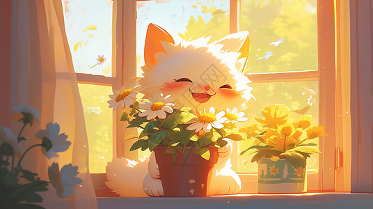 午后在窗户边抱着一个盆栽笑的卡通小白猫高清图片