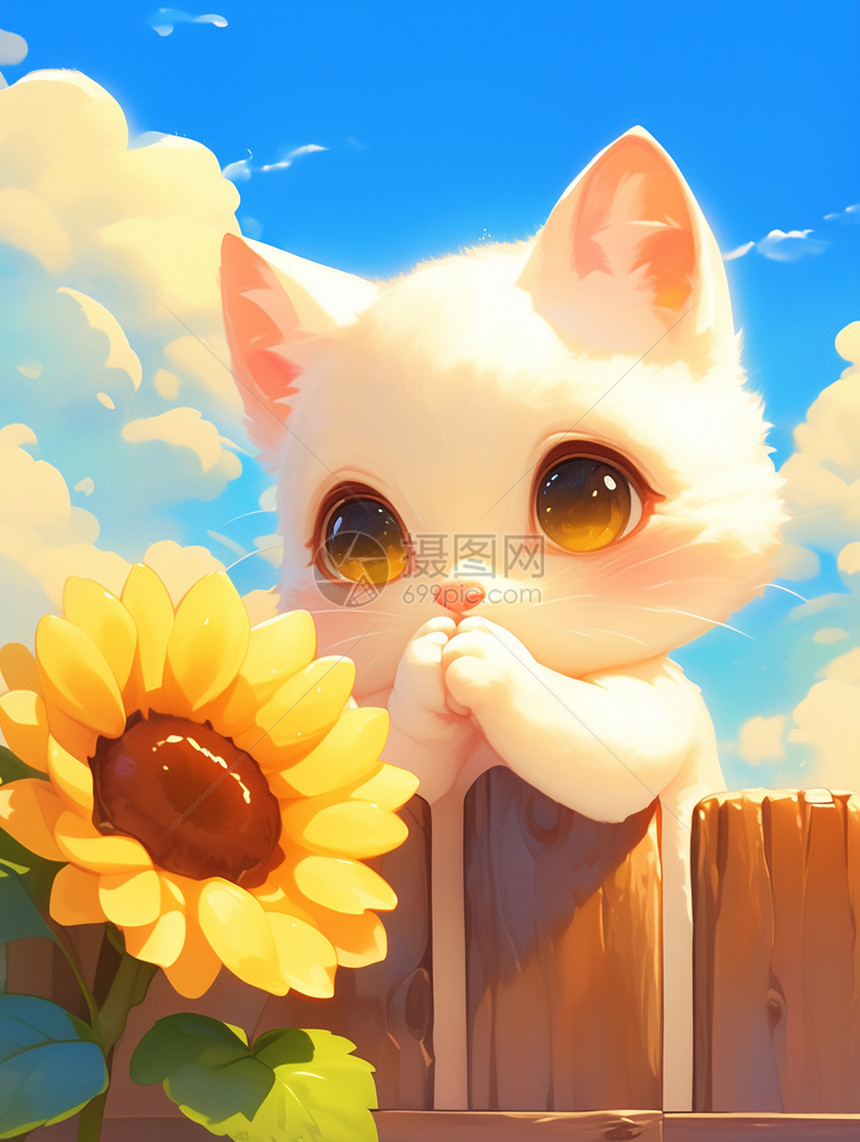 大眼睛可爱的卡通小白猫站在栅栏外看着太阳花图片