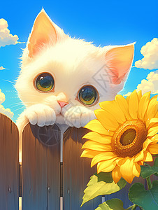 可爱的卡通小白猫站在栅栏外看着太阳花高清图片