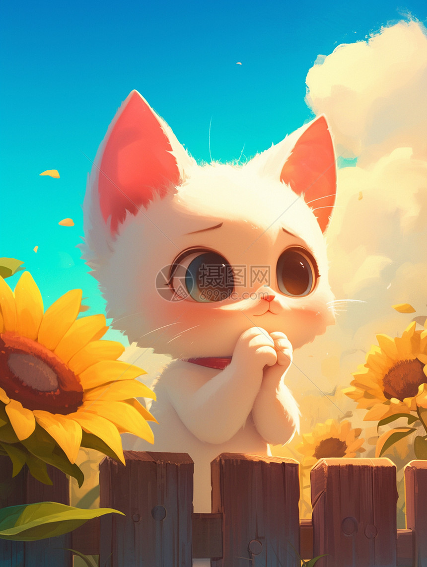 大眼睛可爱的卡通小白猫站在栅栏外看太阳花图片