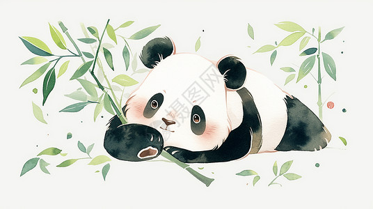 手绘竹子素材手绘风可爱的卡通熊猫与竹子插画