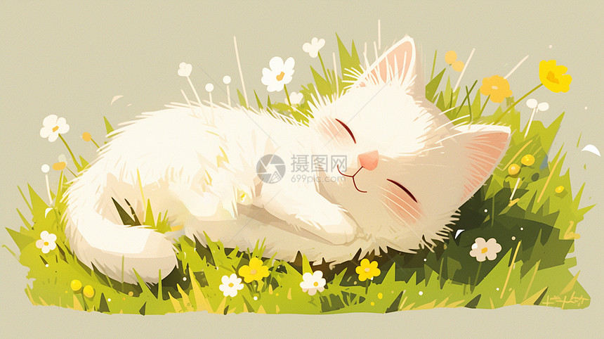 趴在草丛中睡觉的可爱卡通小白猫图片