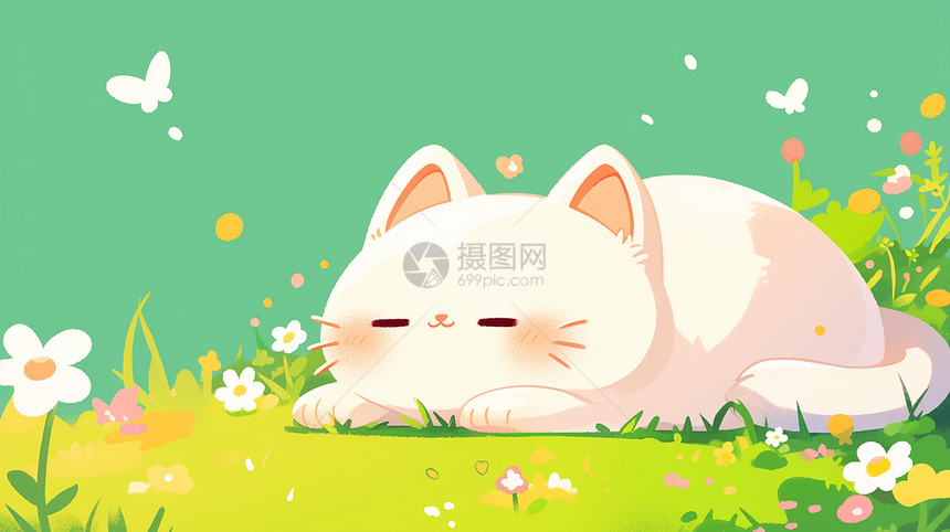 趴在草丛中睡觉的可爱卡通小猫图片
