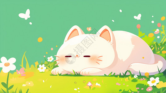 趴在草地趴在草丛中睡觉的可爱卡通小猫插画