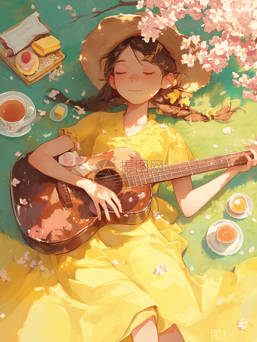 穿黄色连衣裙躺在草地上悠闲的弹吉他的卡通女孩图片