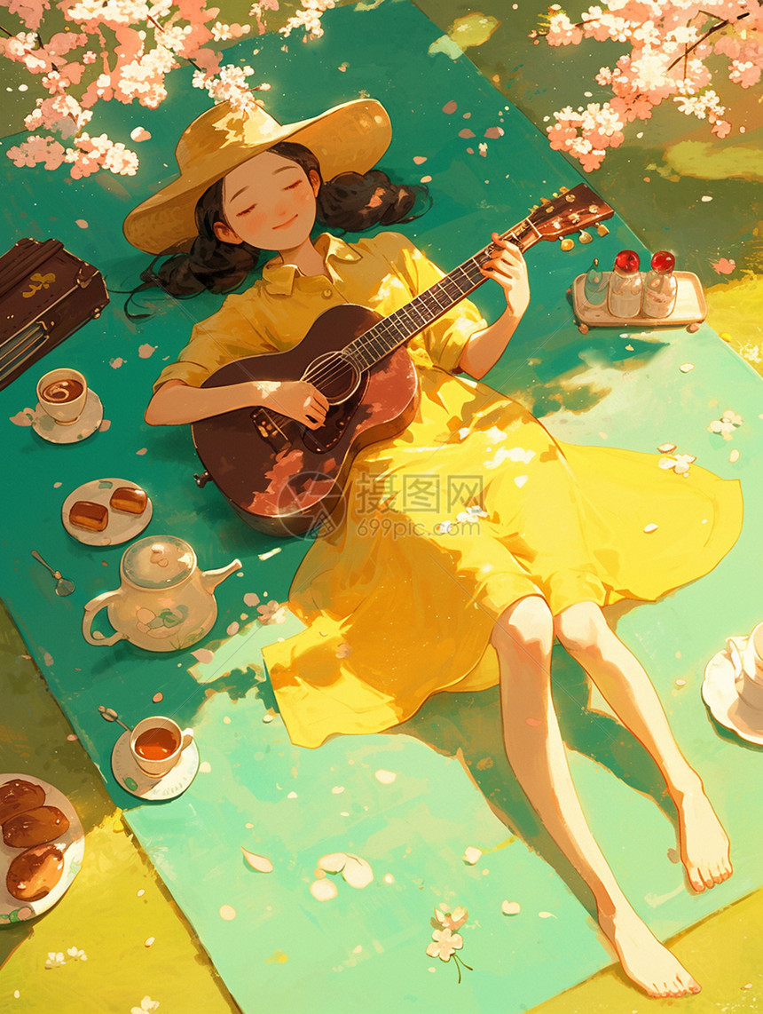身穿黄色连衣裙在草地上悠闲的弹吉他的卡通女孩图片
