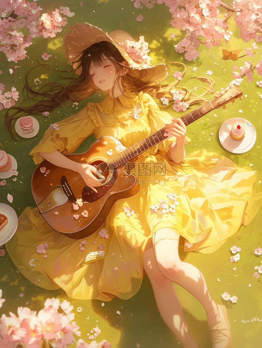 身穿黄色连衣裙躺在草地上弹吉他的卡通女孩图片
