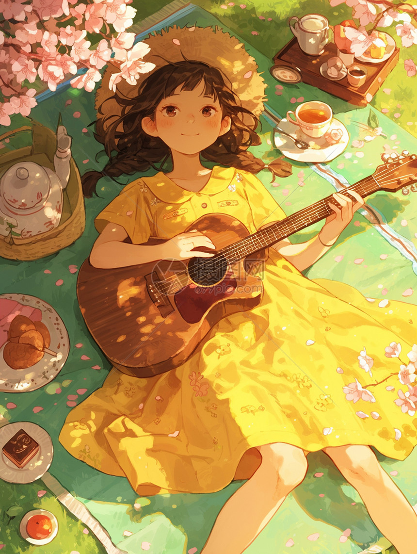 穿黄色连衣裙躺在草地上弹吉他的卡通女孩图片