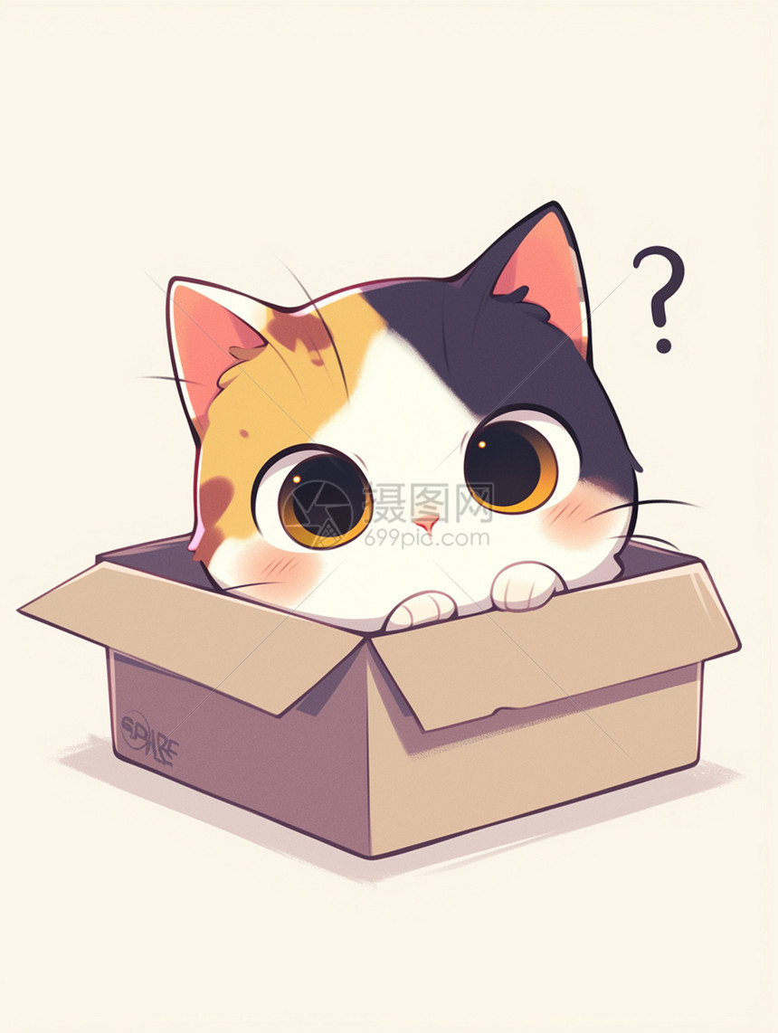 在纸箱中的一只可爱的卡通小花猫图片
