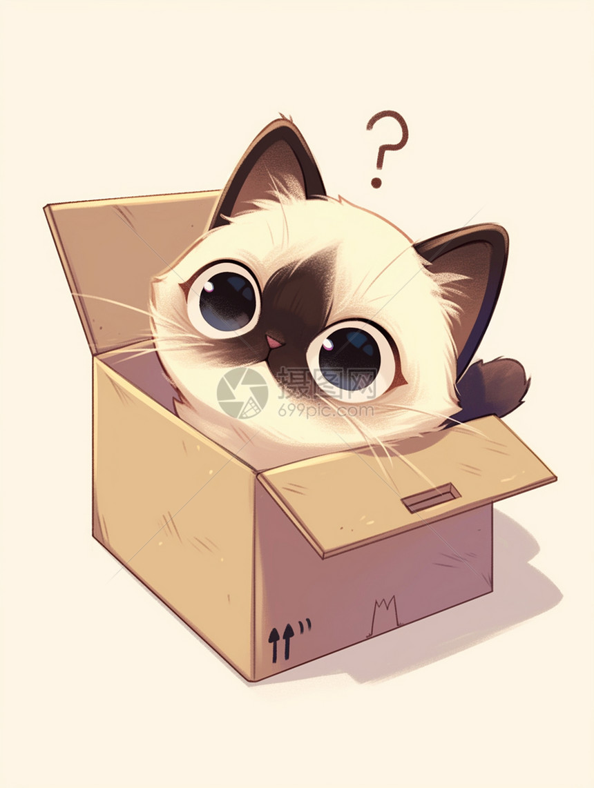 纸箱中的一只可爱的卡通小花猫图片