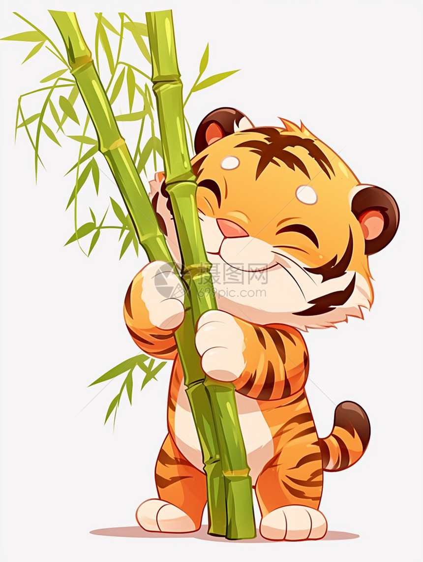 抱着竹子的可爱卡通小老虎图片