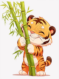 老虎张嘴抱着竹子的可爱卡通小老虎插画