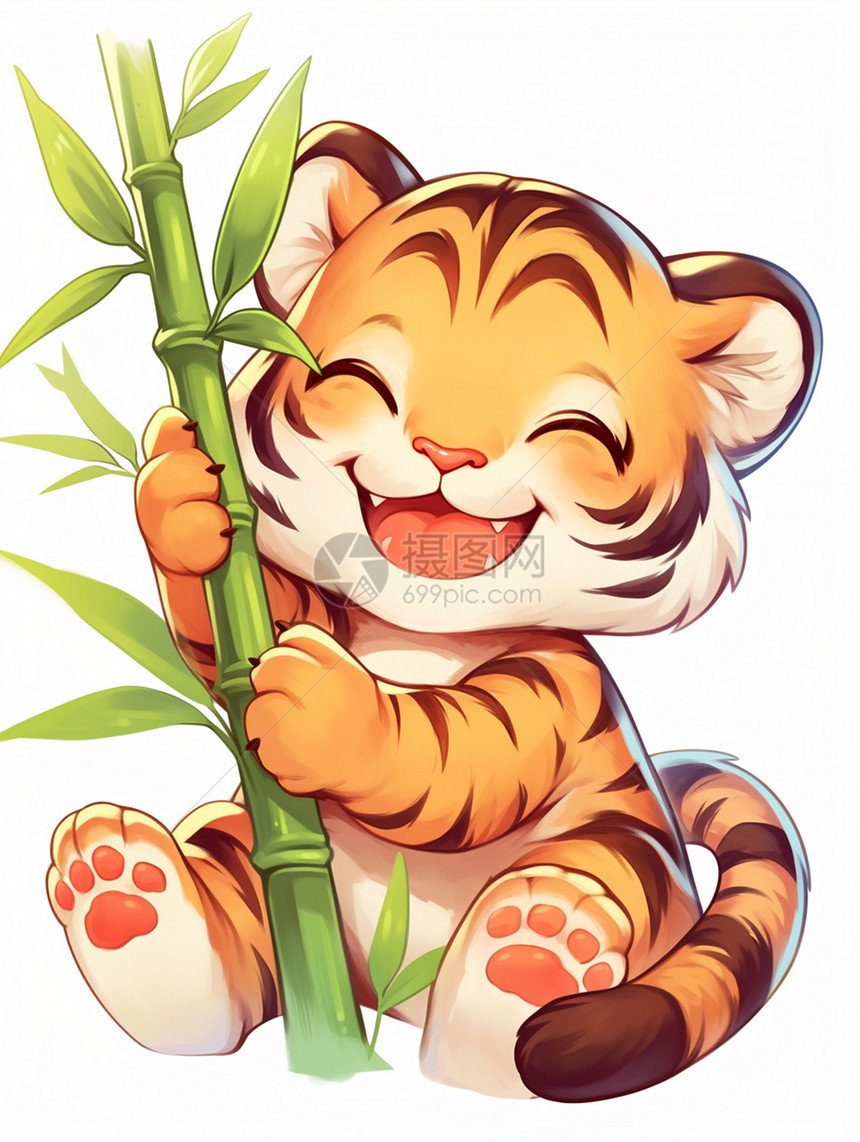 抱着竹子玩耍的卡通小老虎图片