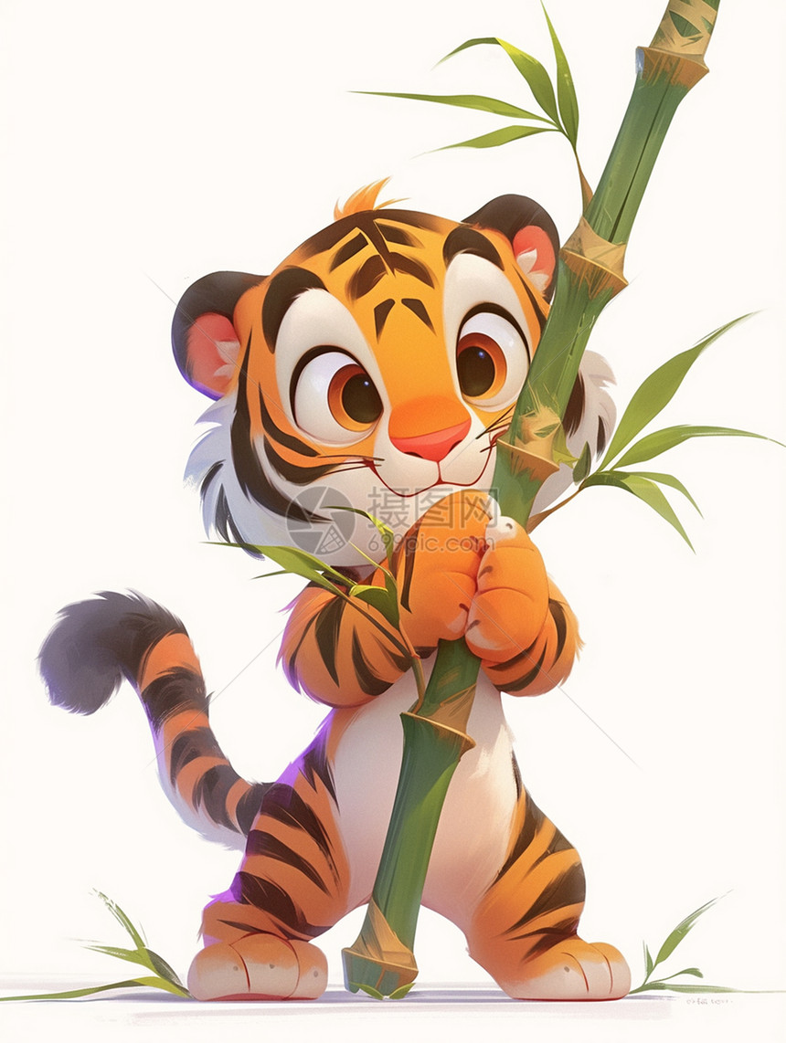 抱着竹子玩耍的可爱卡通老虎图片